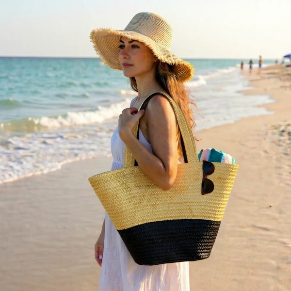 Straw Tote: Woven Wheat Straw Tote - 2 Tones - Black - BG-R11052BK